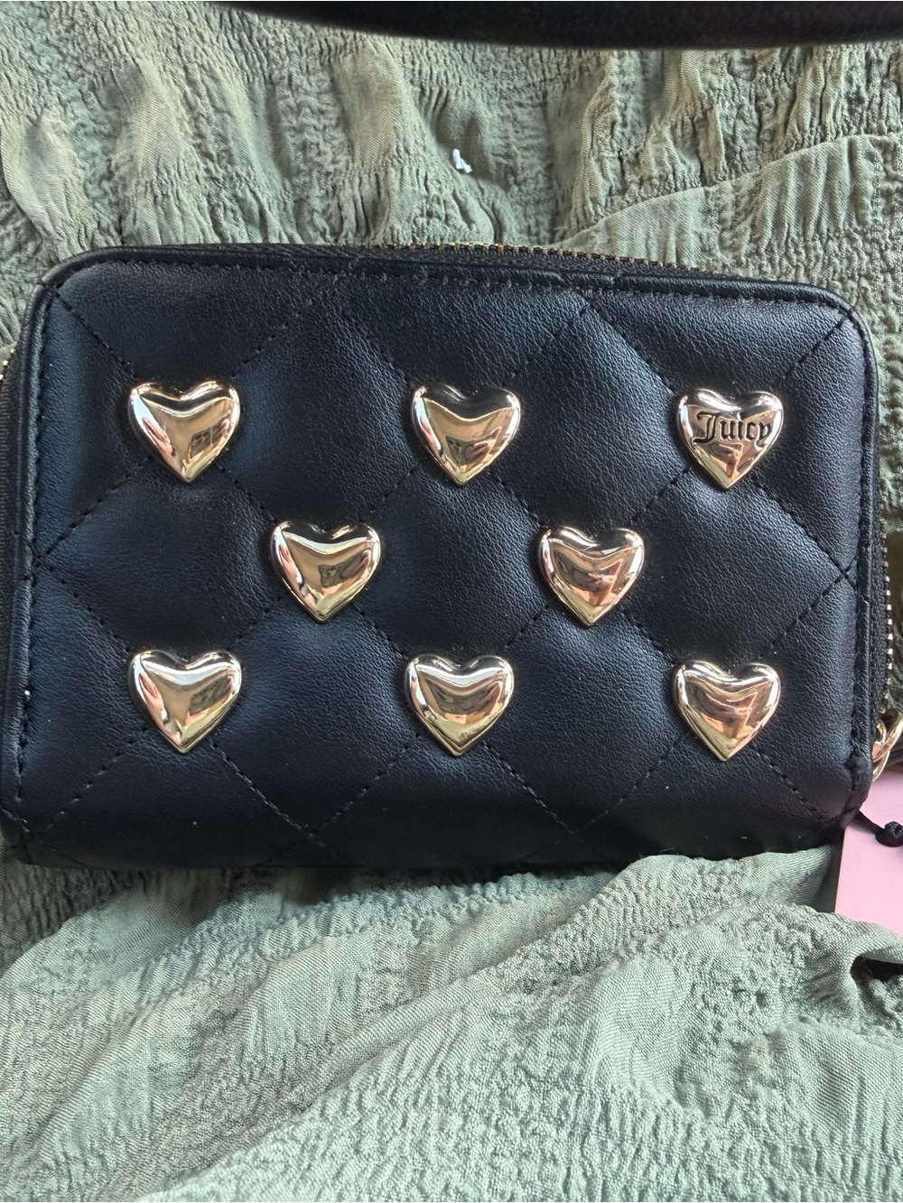 Juicy Couture Black Quilted Wallet with Gold Heart Studs Accent